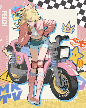 1girl belt belt_buckle blonde_hair blue_eyes blue_shorts boots bow brown_belt brown_gloves buckle character_name closed_mouth crop_top crown daniel_deng denim denim_shorts drop_shadow earrings eyelashes finger_to_cheek fingerless_gloves fire full_body gloves grey_socks hair_between_eyes hair_bow hand_on_own_hip happy highres jacket jewelry knee_pads kneehighs leaning_forward long_hair long_sleeves looking_at_viewer mario_(series) mario_kart mario_kart_world midriff motor_vehicle motorcycle navel nintendo official_alternate_costume open_clothes open_jacket pink_background pink_boots pink_bow pink_jacket ponytail princess_peach princess_peach_(touring) puffy_long_sleeves puffy_sleeves shell shirt shorts sign smile socks solo sphere_earrings standing two-tone_background warning_sign white_shirt yellow_background