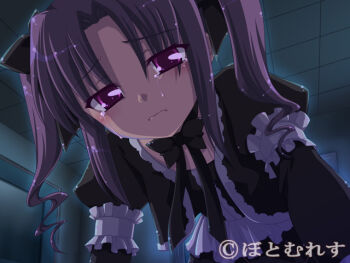 1girl amanohashi_aira archived_source crying dress frown game_cg gothic_lolita indoors kannazuki_genshi lolita_fashion long_hair looking_at_viewer night omakase!_trouble_angel purple_eyes purple_hair solo tears twintails