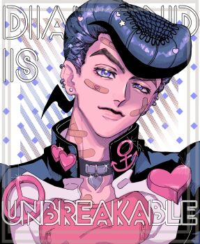 1boy 99g_q bandages choker closed_mouth diamond_wa_kudakenai dotted_background ear_piercing english_text gakuran hair_ornament hairpin head_tilt heart higashikata_josuke highres jojo_no_kimyou_na_bouken looking_at_viewer male_focus peace_symbol pectoral_cleavage pectorals piercing pink_shirt pompadour purple_eyes purple_hair raised_eyebrow school_uniform shirt simple_background smirk solo star_(symbol) striped_background white_background