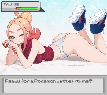 1girl absurdres ass blonde_hair blue_eyes blue_shoes breasts dialogue_box eiko_(ecchihunter) elbow_rest english_text full_body gameplay_mechanics gradient_hair health_bar highres holding holding_poke_ball legs looking_at_viewer lying medium_breasts multicolored_hair nintendo on_stomach one_eye_closed panties pink_hair poke_ball poke_ball_(basic) pokemon pokemon_legends:_z-a red_sweater shoes sleeveless sleeveless_turtleneck soles solo sweater taunie_(pokemon) thighs turtleneck two-tone_hair underwear white_panties