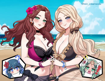 4girls beach bikini black_bikini black_choker black_sarong blonde_hair blue_eyes blue_sky blush bow breasts brown_bikini brown_hair brown_sarong choker cleavage closed_mouth cloud collarbone dorothea_arnault dorothea_arnault_(summer) earrings female_byleth_(fire_emblem) female_byleth_(summer)_(fire_emblem) fire_emblem fire_emblem:_three_houses fire_emblem_heroes flower frilled_bikini frills green_eyes green_hair hair_flower hair_ornament hibiscus jewelry large_breasts long_hair looking_at_viewer mercedes_von_martritz mercedes_von_martritz_(summer) multicolored_bikini multiple_girls navel nintendo ocean off-shoulder_bikini off_shoulder official_alternate_costume open_mouth outdoors red_flower rein_creamsoda rhea_(fire_emblem) rhea_(summer)_(fire_emblem) sarong sky smile stomach sweat swimsuit tribadism_gesture two-tone_bikini water