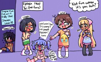 +++ 1other 2boys 2girls :t ahoge arm_at_side arrow_(symbol) bandaid bandaid_on_knee bandaid_on_leg black_eyes black_hair black_pantyhose blonde_hair blue_hair blue_shirt blue_shorts blush bra bra_strap brown_eyes brown_hair bullying closed_mouth clothes_writing constricted_pupils crying crying_emoji dark-skinned_female dark_skin dress emoji emoji_print english_text fang female_focus flat_chest flying_sweatdrops full_body green_shorts hair_tie hand_to_own_mouth hands_up happy headscarf hypercandy-chan jeffrey_epstein knee_up kneehighs knees_together_feet_apart laughing long_hair looking_at_another messy_hair miniskirt multiple_boys multiple_girls nose_blush off-shoulder_shirt off_shoulder one_eye_closed open_mouth orange_shirt original outstretched_arm pantyhose pigeon-toed pink_bra pink_dress pink_headscarf pink_skirt pink_socks pleated_skirt pointing pointing_at_another print_shirt purple_background raised_eyebrows shirt short_dress short_hair short_sleeves shorts single_bare_shoulder sitting skirt sleeveless sleeveless_dress sleeveless_shirt smile socks speech_bubble split_mouth standing streaming_tears striped_clothes striped_socks talking tears twintails underwear uohhhhhhhhh!_(meme) v-shaped_eyebrows very_long_hair wavy_mouth white_eyes white_socks