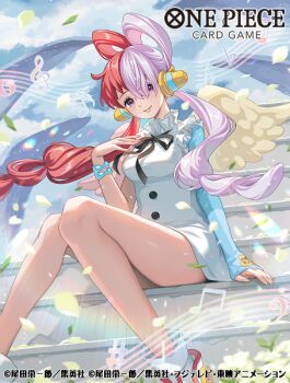 1girl boots buttons closed_mouth commentary_request copyright_name dress ekusiun floating_hair headphones musical_note musical_staff neck_ribbon official_art one_piece one_piece_card_game pink_wings purple_eyes red_hair ribbon sitting sleeveless sleeveless_dress smile uta_(one_piece) white_dress white_hair white_wings wings