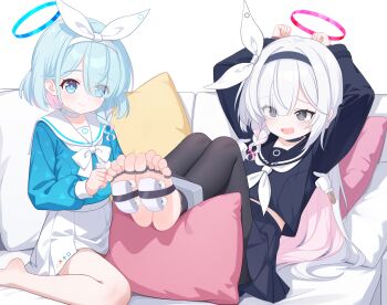 2girls absurdres arms_up arona_(blue_archive) barefoot black_choker black_eyes black_hairband black_pantyhose black_sailor_collar black_serafuku black_shirt black_skirt blue_archive blue_eyes blue_hair blue_halo blue_pupils blue_shirt bound bound_toes bow braid chinese_commentary choker closed_mouth colored_inner_hair commentary_request couch eugenecolin eyes_visible_through_hair feet foot_focus foreshortening hair_bow hair_over_one_eye hairband halo highres holding large_variant_set laughing long_hair long_sleeves medium_hair miniskirt multicolored_hair multiple_girls neckerchief on_couch open_mouth pantyhose pink_hair plana_(blue_archive) pleated_skirt puffy_long_sleeves puffy_sleeves red_halo sailor_collar sailor_shirt school_uniform serafuku shirt side_braid single_braid skirt smile soles tickling tickling_armpits tickling_feet toes torn_clothes torn_pantyhose two-tone_hair variant_set white_bow white_choker white_hair white_hairband white_neckerchief white_sailor_collar white_skirt
