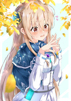 1girl absurdres autumn autumn_leaves blonde_hair blue_capelet blush breasts capelet commentary_request cowboy_shot downturned_eyes embarrassed eyes_visible_through_hair fidgeting flying_sweatdrops hair_between_eyes hands_up heaven_burns_red highres leaf long_hair long_sleeves looking_down medium_breasts nose_blush open_mouth outdoors own_hands_together red_eyes shirakawa_yuina shirt sidelocks skirt solo steepled_fingers sweatdrop tatika714 very_long_hair white_shirt white_skirt