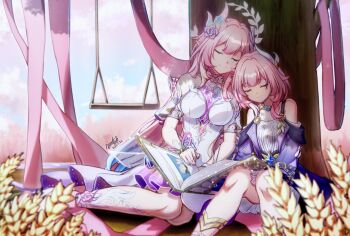 2girls absurdres astartlink book closed_eyes closed_mouth coat cyrene_(demiurge)_(honkai:_star_rail) cyrene_(honkai:_star_rail) cyrene_(philia093)_(honkai:_star_rail) dated dress dual_persona earrings flower hair_flower hair_ornament highres honkai:_star_rail honkai_(series) jewelry multiple_girls necklace open_book outdoors pink_hair pink_nails pointy_ears purple_coat shadow sidelocks signature sitting sky smile swing wheat white_dress yokozuwari