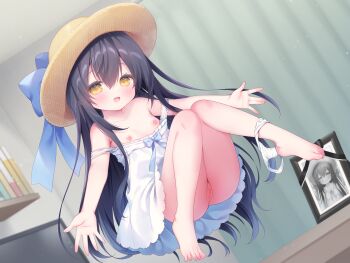 1girl :d absurdres bare_arms bare_legs bare_shoulders barefoot black_hair blue_bow blush bow brown_hat commentary_request dot_nose dress dress_bow floating full_body ghost hair_between_eyes hat hat_bow highres indoors knees_together_feet_apart loli long_bangs long_hair looking_at_viewer nipples non-web_source open_mouth original outstretched_arms panties panties_around_leg pantyshot photo_(object) pussy short_dress sidelocks smile solo spread_arms spread_fingers straight_hair uncensored underwear upskirt usashiro_mani white_dress white_panties yellow_eyes yellow_pupils