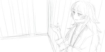 1girl blunt_bangs highres hiyajou_maho lab_coat long_hair menomorute messy_hair monochrome open_mouth science_adventure sketch smug solo steins;gate steins;gate_0 talking very_long_hair