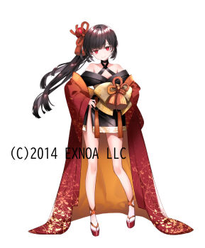1girl bare_shoulders black_choker black_hair black_kimono character_request choker closed_mouth collarbone full_body hand_on_own_hip highres japanese_clothes kimono long_hair long_sleeves off_shoulder official_art oshiro_project:re red_eyes red_sandals sandals side_ponytail simple_background sleeves_past_wrists smile solo standing very_long_hair white_background wide_sleeves yuuki_kira zouri
