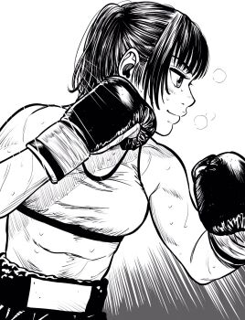 Rule 34 | 1girl, boxing, boxing gloves, boxing shorts, breasts, breath, commentary request, fighting stance, greyscale, hatching (texture), highres, lee (dragon garou), light rays, midriff, monochrome, original, ponytail, shorts, small breasts, smile, solo, sweat, toned, toned female, very sweaty
