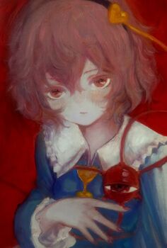 1girl collared_shirt colored_eyelashes frilled_shirt_collar frills hairband highres komeiji_satori long_sleeves nail_polish pink_eyes pink_hair red_background shirt short_hair solo svveetberry third_eye touhou upper_body