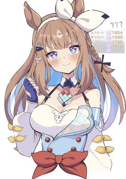 +_+ 1girl ? ?? absurdres almond_eye_(umamusume) animal_ears bare_shoulders blue_dress blue_eyes blue_gloves blush bow bow_hairband braid braided_sidelocks breasts brown_hair cleavage closed_mouth collarbone colored_inner_hair commentary_request cropped_torso dress fingerless_gloves game_screenshot_inset gloves hair_between_eyes hair_ornament hairband hairclip highres horse_ears horse_girl koshian_(taiyaki) large_breasts long_hair looking_at_viewer multicolored_hair red_bow red_button screenshot_inset smile solo symbol-shaped_pupils umamusume white_dress white_hairband x-shaped_pupils