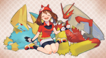 1girl :d bandana bike_shorts black_legwear blaziken blush brown_hair closed_eyes collared_shirt commentary_request facing_viewer gen_3_pokemon gloves holding holding_poke_ball kikuyoshi_(tracco) manectric may_(pokemon) nintendo open_mouth poke_ball pokemon pokemon_(creature) pokemon_rse red_bandana red_shirt shirt shoes short_sleeves signature sitting skirt smile socks teeth tongue upper_teeth_only white_skirt yellow_shoes