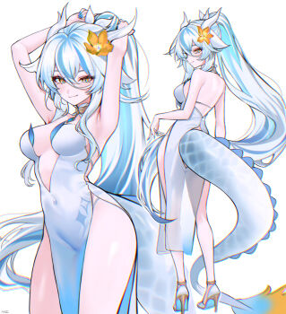 1girl absurdres armpits arms_up blue_hair breasts china_dress chinese_clothes commentary_request dragon_girl dragon_horns dragon_tail dress flower grey_dress grey_hair hair_flower hair_ornament haze_(7h4ze) high_heels high_ponytail highleg highleg_dress highres horns long_hair medium_breasts multiple_views original ponytail simple_background smile strapless strapless_dress tail white_background