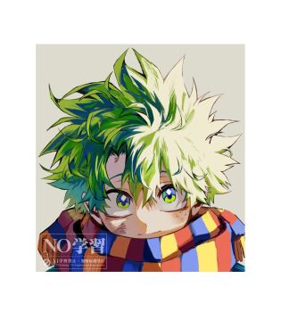 1boy boku_no_hero_academia border closed_mouth commentary dated_commentary green_eyes green_hair highres looking_up male_focus midoriya_izuku multicolored_scarf parted_bangs sanpaku scarf short_hair smile solo striped_clothes striped_scarf use_zeinuki watermark white_border