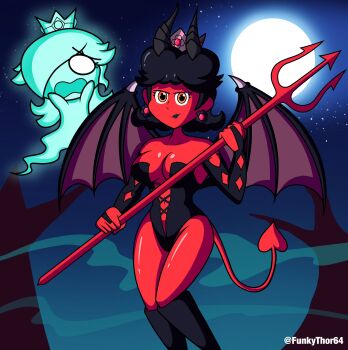 2girls black_hair breasts cleavage crown devil earrings evil_grin evil_smile flying ghost grin halloween highres holding horns jewelry leotard lipstick makeup mario_(series) medium_breasts moon multiple_girls night nintendo open_mouth polearm princess_daisy red_eyes rosalina shiny_skin sky smile spear super_mario_galaxy super_mario_land tail weapon wings