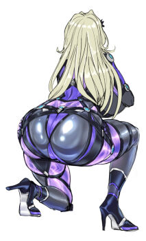 1girl aiming ass ass_focus bodysuit breasts butt_crack curvy goddess_of_victory:_nikke holding holding_weapon huge_ass huge_breasts impossible_bodysuit impossible_clothes kneeling lilith-soft long_hair parody pun purple_bodysuit reference_sheet revealing_clothes saijou_satoru shiny_clothes shiny_skin simple_background skindentation solo taimanin_(series) taimanin_rpgx trait_connection weapon white_background wide_hips zoya_azef_(taimanin_series)