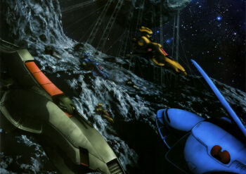 1990s_(style) artist_request beam_cannon cable debris energy_gun fleet gundam gundam_perfect_file gundam_zz neo_zeon no_humans realistic retro_artstyle scan scene_reference science_fiction ship_turret space spacecraft star_(sky) traditional_media weapon