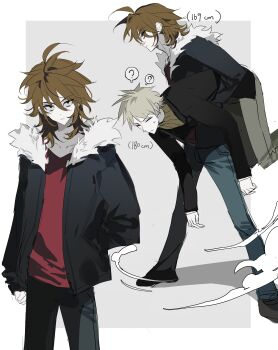 Rule 34 | 2boys, ?, absurdres, atou haruki, black jacket, black pants, black shoes, blonde hair, blue pants, brown hair, chinese commentary, closed eyes, closed mouth, colored skin, commentary request, eyes visible through hair, fur-trimmed jacket, fur trim, green eyes, grey pants, hair between eyes, height, highres, isoi reiji, jacket, long sleeves, male focus, medium hair, multiple boys, multiple views, open clothes, open jacket, pants, red shirt, ribbed sweater, saibou shinkyoku, sanpaku, shiqian (kadkykhbvk), shirt, shoes, short hair, speech bubble, spoken question mark, sweat, sweater, turtleneck, turtleneck sweater, white skin