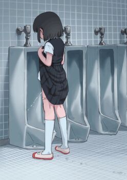 1girl animated animated_gif black_dress black_hair clothes_lift commentary_request dress dress_lift indoors lifting_own_clothes original paid_reward_available panties panty_pull pee peeing pinafore_dress pink_panties shirt shoes short_hair short_sleeves sleeveless sleeveless_dress socks solo tamura-chan underwear urinal urinal_use uwabaki variant_set white_shirt white_socks