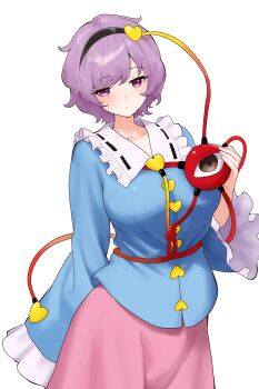 1girl absurdres aged_up alternate_breast_size_(larger) blue_shirt breasts buttons commentary_request eyeball frilled_shirt_collar frilled_sleeves frills hair_ornament heart heart_button heart_hair_ornament highres komeiji_satori large_breasts long_sleeves moriforest1040 pink_eyes pink_hair pink_skirt shirt short_hair simple_background skirt solo third_eye touhou white_background wide_sleeves