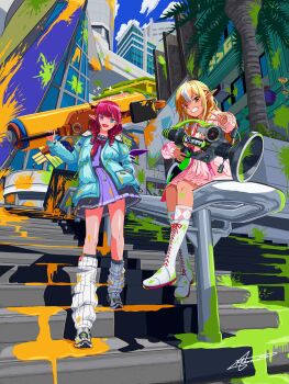2girls absurdres blonde_hair blue_jacket boots building city clenched_teeth commentary dark-skinned_female dark_skin drawstring dress english_commentary full_body grin highres hololive hololive_english irys_(gaming_casual)_(hololive) irys_(hololive) jacket knee_boots krita_(medium) leg_warmers long_pointy_ears long_sleeves looking_at_viewer making-of_available memmoxt multicolored_hair multiple_girls neckerchief nintendo orange_eyes outdoors outstretched_arm over_shoulder paint_on_body paint_on_clothes paint_splatter paint_splatter_on_face pink_dress pink_eyes pink_jacket pleated_skirt pointy_ears purple_skirt red_neckerchief sailor_collar shiranui_flare shiranui_flare_(hoodie) shoes signature sitting skirt skyscraper smile sneakers splat_roller_(splatoon) splatoon_(series) splatoon_3 sploosh-o-matic_(splatoon) stairs standing streaked_hair teeth thighs tree two-tone_hair virtual_youtuber weapon weapon_over_shoulder white_boots white_hair white_leg_warmers white_shoes