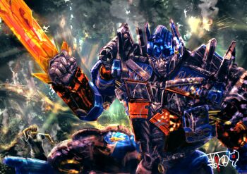 arm_blade blue_eyes forest helmet highres humanoid_robot machine mecha nature optimus_prime raiu_bs25 robot science_fiction transformers transformers_(live_action) weapon