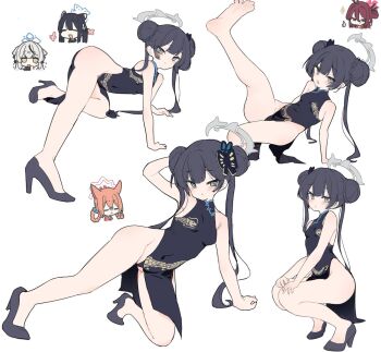 1girl all_fours barefoot black_hair blue_archive blue_hair blush breasts bug butterfly chinese_clothes covered_navel double_bun full_body grey_eyes hair_bun halo high_heels insect kisaki_(blue_archive) multiple_views small_breasts solo_focus squatting thick_thighs thighs twintails white_background wide_hips