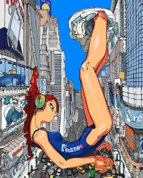 1girl blue_one-piece_swimsuit blue_sky building cha._cha. city commentary_request full_body giant giantess headset highres korean_commentary legs_up lying on_back one-piece_swimsuit original outdoors red_hair road shoes sky skyscraper sneakers solo street swimsuit traffic_light utility_pole