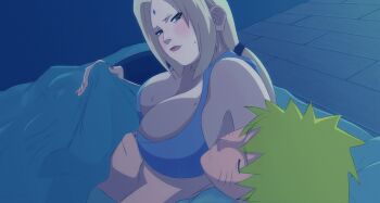 1boy 1girl animated animated_gif bare_shoulders bitawastaken blonde_hair breasts brown_eyes bulge cleavage closed_eyes erection facial_mark forehead_mark hetero large_breasts naruto_(series) ponytail sleeping tsunade_(naruto) uzumaki_naruto