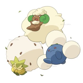 :3 closed_eyes cotton_(plant) eldegoss floating fluffy gen_2_pokemon gen_5_pokemon gen_8_pokemon highres jumpluff muru_zatta nintendo no_humans open_mouth plant pokemon pokemon_(creature) pokemon_focus seed smile whimsicott white_background