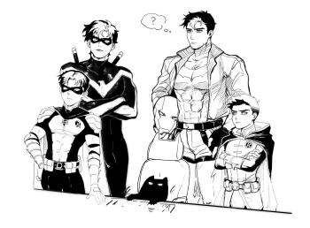 bat_signal batman_(series) batman_symbol black_bodysuit black_gloves black_hair bodysuit brown_jacket cowl damian_wayne dc_comics dick_grayson domino_mask escrima_sticks eye_mask gloves grey_bodysuit highres holding jacket jason_todd male_focus mask multicolored_bodysuit multiple_boys muscular muscular_male nightwing open_clothes orancola pants red_hood_(dc) red_mask robin_(dc) short_hair superhero_costume taut_bodysuit tim_drake two-tone_bodysuit