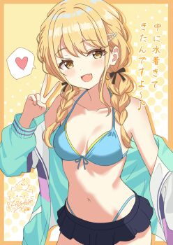 1girl :d aqua_jacket bare_shoulders bikini bikini_under_clothes black_skirt blonde_hair blue_bikini blush braid breasts collarbone cowboy_shot fang front-tie_bikini_top front-tie_top fujita_kotone gakuen_idolmaster hair_ornament hairclip halterneck heart highleg highleg_bikini highres hiyoko_neneko idolmaster jacket long_hair long_sleeves looking_at_viewer low_twintails medium_breasts navel off_shoulder open_clothes open_jacket open_mouth pleated_skirt skirt smile solo spoken_heart stomach swimsuit twin_braids twintails v yellow_background yellow_eyes