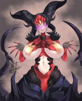 1girl breasts fingernails horns kirisaki_byakko large_breasts long_fingernails magic:_the_gathering navel open_mouth sheoldred smile solo
