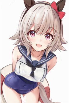 1girl animal_ears arms_behind_back bow breasts curren_chan_(umamusume) ear_bow ear_covers gluteal_fold horse_ears horse_girl horse_tail looking_at_viewer medium_breasts nannacy7 open_mouth purple_eyes red_bow school_swimsuit simple_background smile solo swimsuit swimsuit_under_clothes tail tracen_swimsuit umamusume white_background