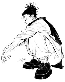 1boy choso_(jujutsu_kaisen) closed_mouth commentary_request facial_mark facial_tattoo full_body greyscale highres jujutsu_kaisen male_focus maru_shikak monochrome robe short_hair short_twintails signature simple_background solo squatting tattoo twintails white_background white_robe