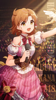 1girl :d absurdres ahoge animal bird brown_corset character_name cockatiel corset dated detached_sleeves dress eyelashes flower flying glowstick happy_birthday highres idolmaster idolmaster_million_live! idolmaster_million_live!_theater_days microphone nnnn open_mouth orange_hair pink_dress puffy_detached_sleeves puffy_sleeves rose short_hair smile solo_focus stage wrist_cuffs yabuki_kana yellow_eyes yellow_flower yellow_rose