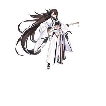 1girl black_gloves brown_eyes brown_hair crop_top fate/grand_order fate_(series) full_body gloves hair_ribbon hakama haori highres holding holding_sword holding_weapon japanese_clothes japanese_hat katana kawakami_gensai_(fate) kawakami_gensai_(third_ascension)_(fate) large_variant_set long_hair looking_at_viewer midriff multicolored_hair navel official_art ponytail ribbon shirt shoes solo standing streaked_hair sword tachi-e takeuchi_takashi third-party_source transparent_background two-tone_hair variant_set weapon white_hair white_hakama white_haori white_ribbon