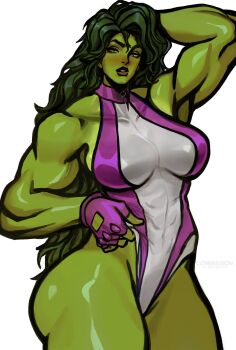 1girl absurdres animification biceps breasts colored_skin green_eyes green_hair green_lips green_skin highres large_breasts leotard long_hair looking_at_viewer marvel multicolored_leotard muscular muscular_female peter_chai purple_leotard she-hulk simple_background solo superhero_costume two-tone_leotard