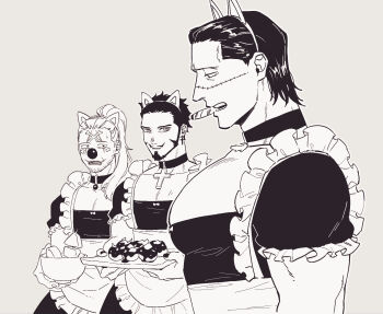 3boys alternate_costume animal_ears bara beard_stubble blank_stare buggy_the_clown bursting_pectorals cat_ears che_(cyan_crown) cigar cowboy_shot crocodile_(one_piece) crossdressing crossdressing_(mtf) dracule_mihawk enmaided facial_hair from_side girl_staring_at_guy&#039;s_chest_(meme) greyscale highres holding holding_tray large_pectorals looking_at_another looking_at_pectorals maid maid_day male_focus male_maid mature_male meme monochrome multiple_boys muscular muscular_male one_piece parted_lips pectoral_cleavage pectorals profile standing stubble thick_eyebrows tray unamused