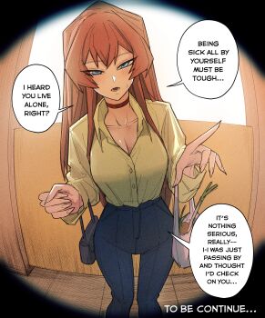 1girl absurdres bag blue_eyes blue_pants breasts choker cleavage collarbone collared_shirt commentary cowboy_shot double-parted_bangs english_commentary english_text fingernails highres long_hair long_sleeves looking_at_viewer medium_breasts mole mole_under_eye office_lady_(senukin) open_mouth original pants plastic_bag pov_peephole red_choker senukin shirt shirt_tucked_in small_sweatdrop solo speech_bubble talking to_be_continued yellow_shirt