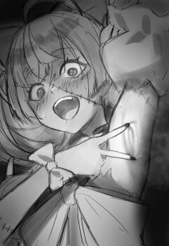 1girl :d absurdres armpit_focus armpits blush commentary english_commentary greyscale highres hololive hololive_indonesia kay_yu kureiji_ollie kureiji_ollie_(1st_costume) looking_at_viewer monochrome open_mouth patchwork_skin presenting_armpit puffy_short_sleeves puffy_sleeves short_sleeves sketch smile solo spread_armpit stitched_arm stitched_face stitches sweat teeth upper_teeth_only virtual_youtuber wrist_bow zombie