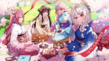 4girls animal_ears bento black_hair blue_eyes braid braided_ponytail breasts character_request closed_mouth commentary_request falling_petals floral_print floral_print_kimono flower_wreath food_request hair_between_eyes head_wreath holding houchi_shoujo japanese_clothes kimono long_hair looking_at_viewer looking_to_the_side multiple_girls necomi obi open_mouth parted_lips petals picnic pink_hair pouring print_kimono print_sash profile purple_sash red_eyes sash smile two_side_up white_hair