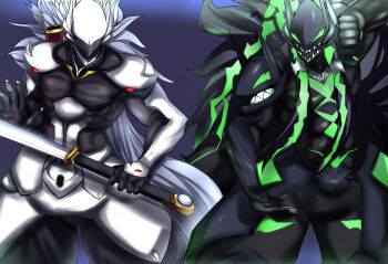 Rule 34 | 2boys, animal ears, armor, blazblue, blazblue: central fiction, blazblue: cross tag battle, commentary request, green eyes, green hair, grin, hakumen, long hair, male focus, mask, multicolored hair, multiple boys, red eyes, smile, susanoo (blazblue), sword, tail, teeth, two-tone hair, user txts7457, weapon, white hair