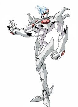 1990s_(style) 1996 body_armor chimerism choujin_gakuen_gowcaizer fire_hair fusion merging_bodies official_art oobari_masami platonic_twins retro_artstyle technos technos_japan