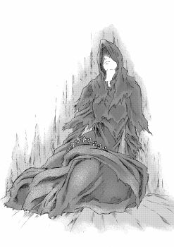 1girl 913kousatu absurdres closed_mouth commentary_request dark_souls_(series) dark_souls_i expressionless full_body greyscale highres hood hood_up monochrome quelaana_of_izalith robe sitting solo