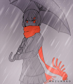 1girl artist_name blazer commentary covering_own_mouth female_focus greyscale hair_ornament hairclip holding holding_umbrella jacket kagerou_project long_sleeves mazumaro monochrome pleated_skirt rain red_eyes red_scarf scarf skirt solo spot_color tateyama_ayano umbrella