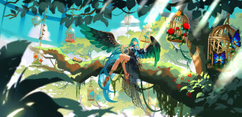 1girl absurdly_long_hair animal_print bare_legs bird_wings birdcage black_dress black_wings blue_butterfly blue_eyes blue_hair blue_sky brown_sandals bug butterfly butterfly_print cage chinese_commentary cloud commentary_request day doll_joints dot_nose dress expressionless feathered_wings flower full_body greenhouse hair_between_eyes highres holding holding_instrument holding_lyre indoors insect instrument joints light_rays long_dress long_hair looking_to_the_side lyre moss on_branch open_door original outstretched_hand parted_lips pink_flower red_flower red_rose rose sandals scenery sitting sitting_on_branch sky solo spread_wings tree very_long_hair wings yiyi_yifang