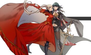 2girls black_socks byleth_(fire_emblem) chocolate_(jitong) dress edelgard_von_hresvelg female_byleth_(fire_emblem) fire_emblem fire_emblem:_three_houses highres holding holding_sword holding_weapon long_hair multiple_girls nintendo purple_eyes red_dress socks standing sword weapon white_hair yuri