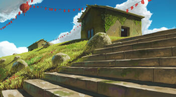 absurdres blue_sky building cloud cumulonimbus_cloud day doorway grass highres hill landscape lantern moss no_humans original outdoors paper_lantern plant rock scenery sky stairs truong_truonkoi vines